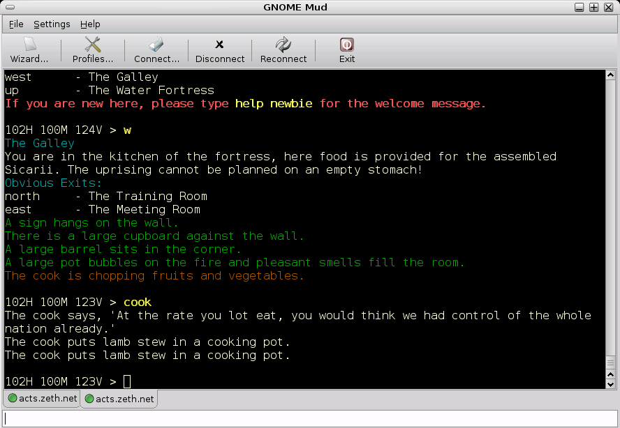 A terminal-style Multi User Dungeon map and room description.