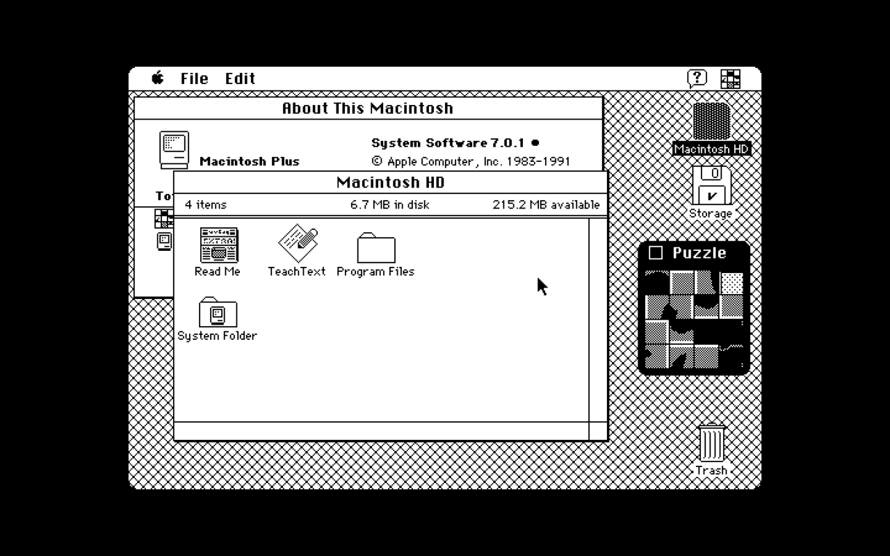 A classic Macintosh System 7 desktop with overlapping windows and a grey patterned background.